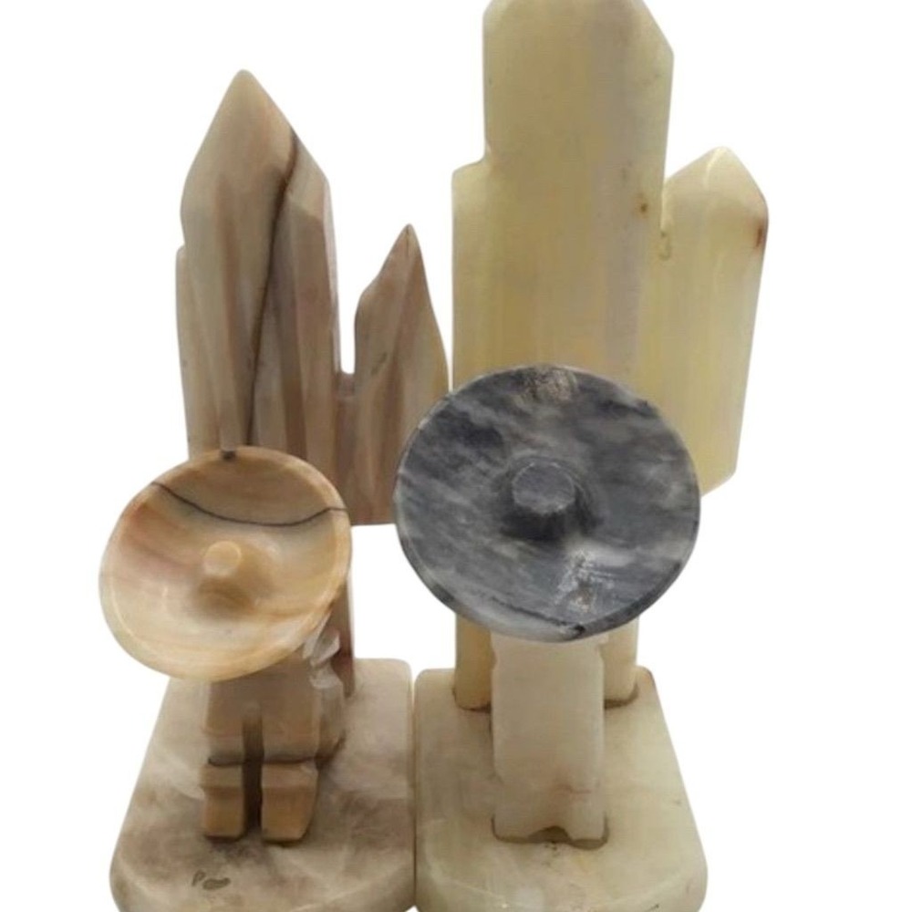 Vintage Carved Onyx Stone‎ Bookends Mexican Siesta & Cactus Design